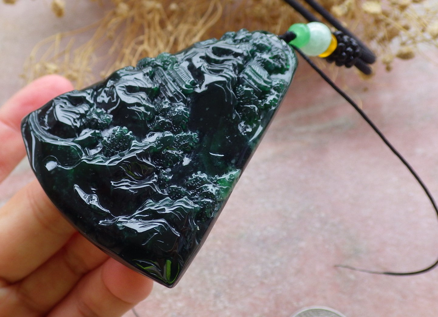 Certified Icy Green Burma 100% Natural A Jade jadeite Landscape painting Tree Necklace Necklace 山水画 648648 TN