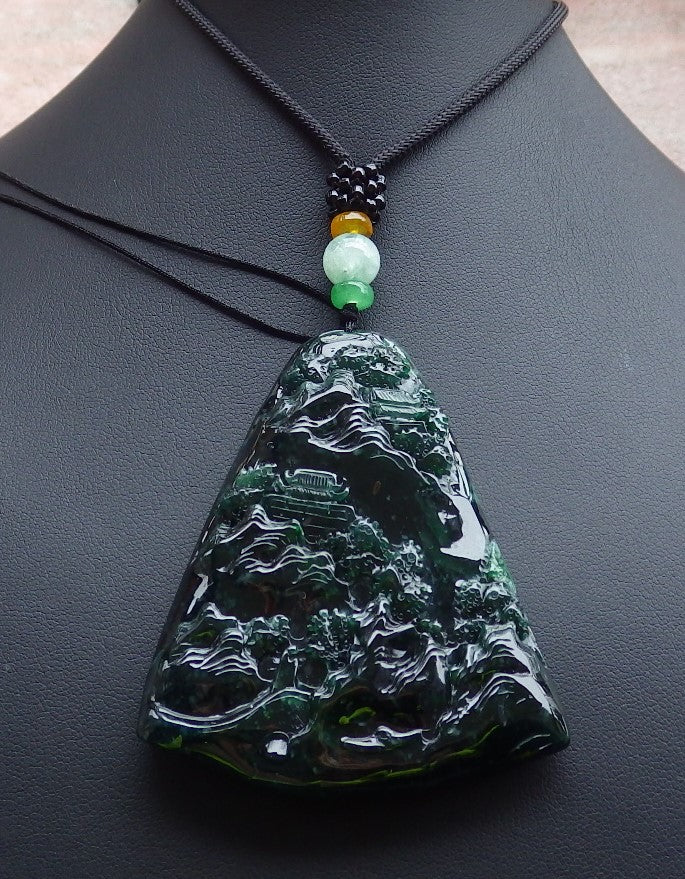 Certified Icy Green Burma 100% Natural A Jade jadeite Landscape painting Tree Necklace Necklace 山水画 648648 TN