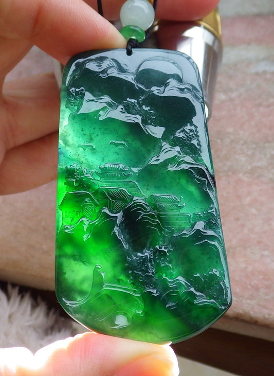 Certified Icy Green Burma 100% Natural A Jade jadeite Landscape painting Tree Necklace Necklace 山水画 648657 TN