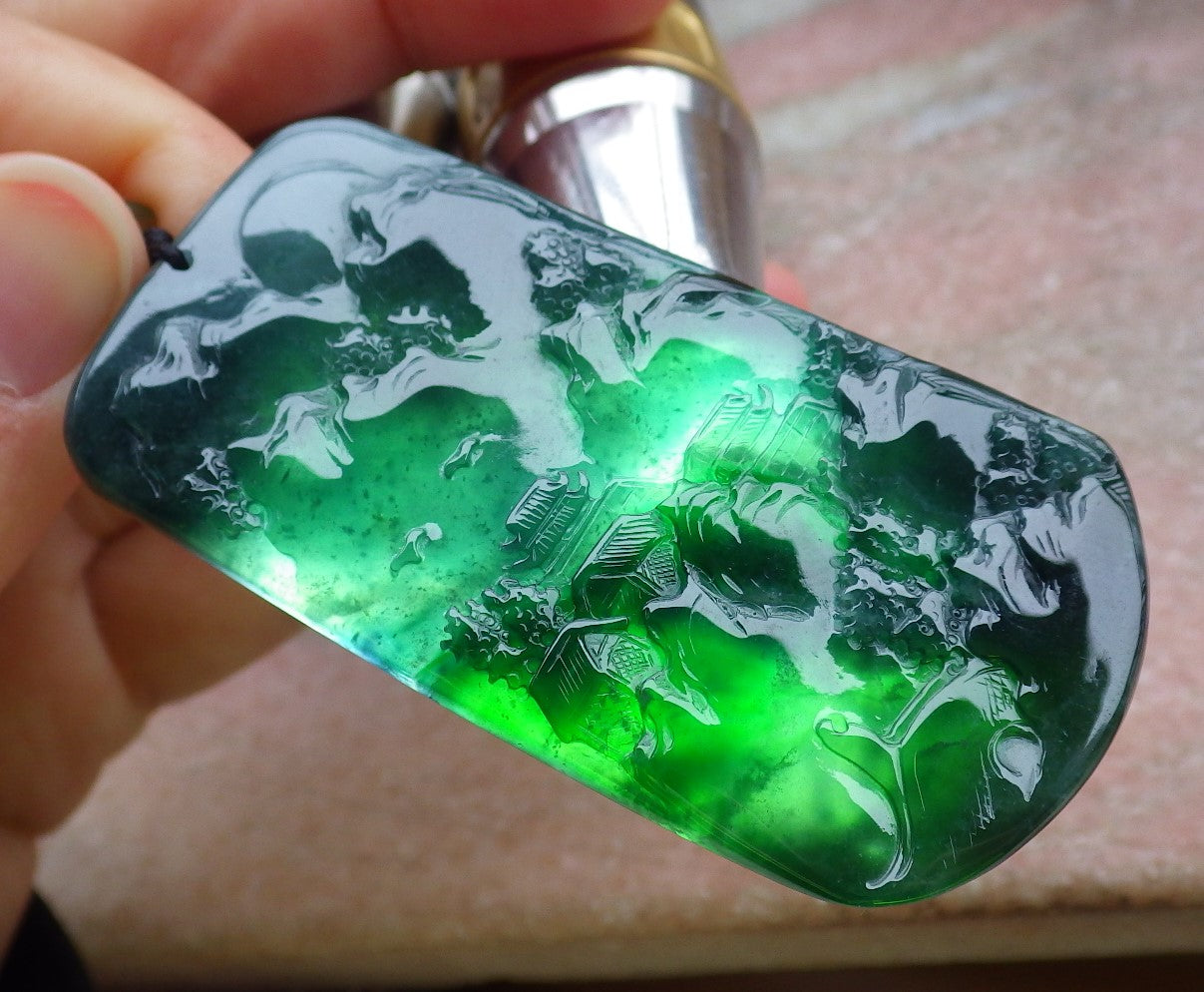 Certified Icy Green Burma 100% Natural A Jade jadeite Landscape painting Tree Necklace Necklace 山水画 648657 TN