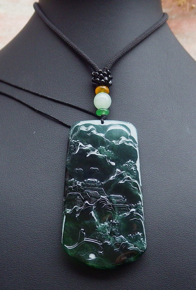 Certified Icy Green Burma 100% Natural A Jade jadeite Landscape painting Tree Necklace Necklace 山水画 648657 TN
