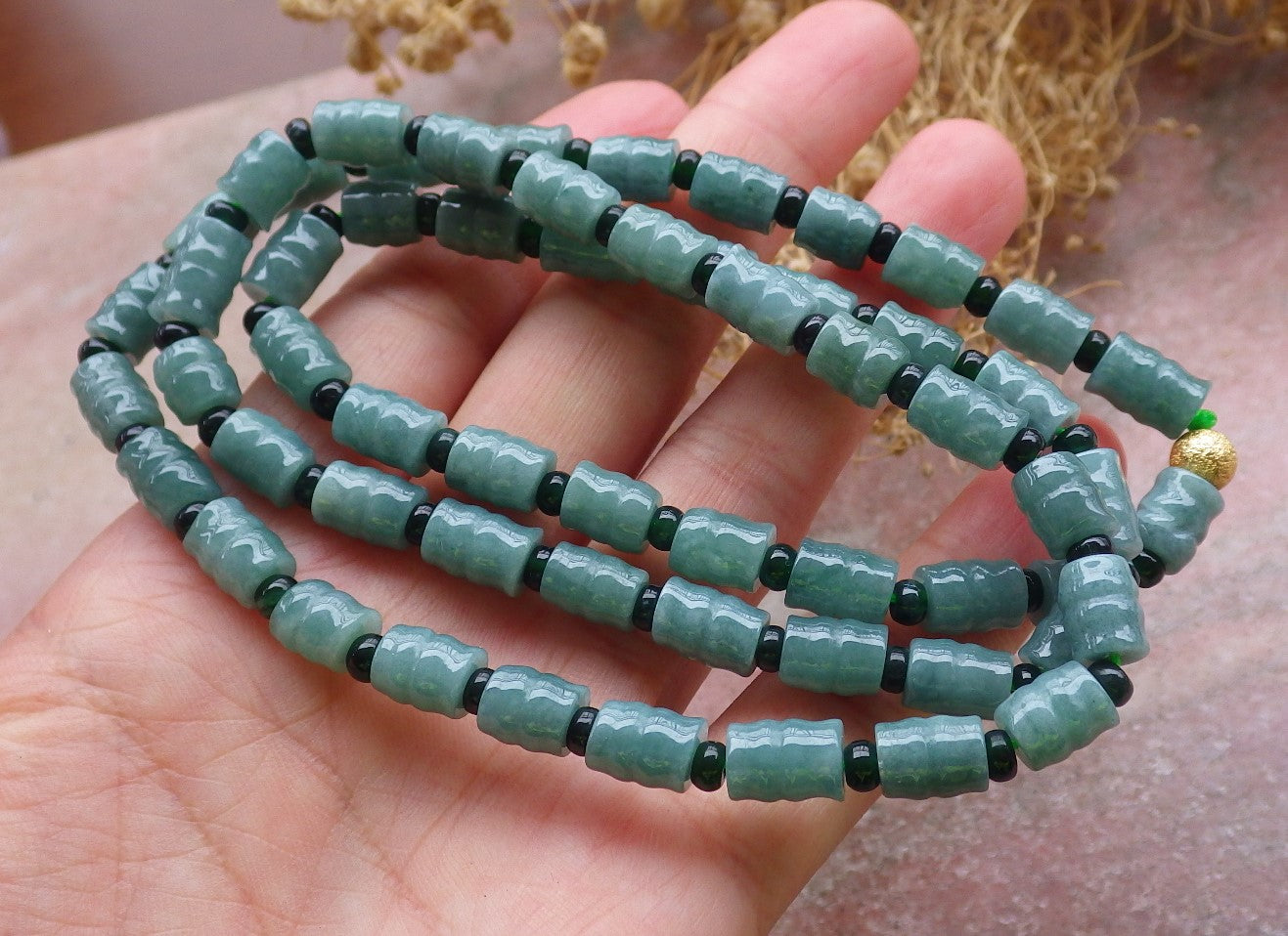 Certified Green Burma 100% Natural A JADE Jadeite bead Beads Circle Bamboo Necklace 24 inches 项链 648665 TN