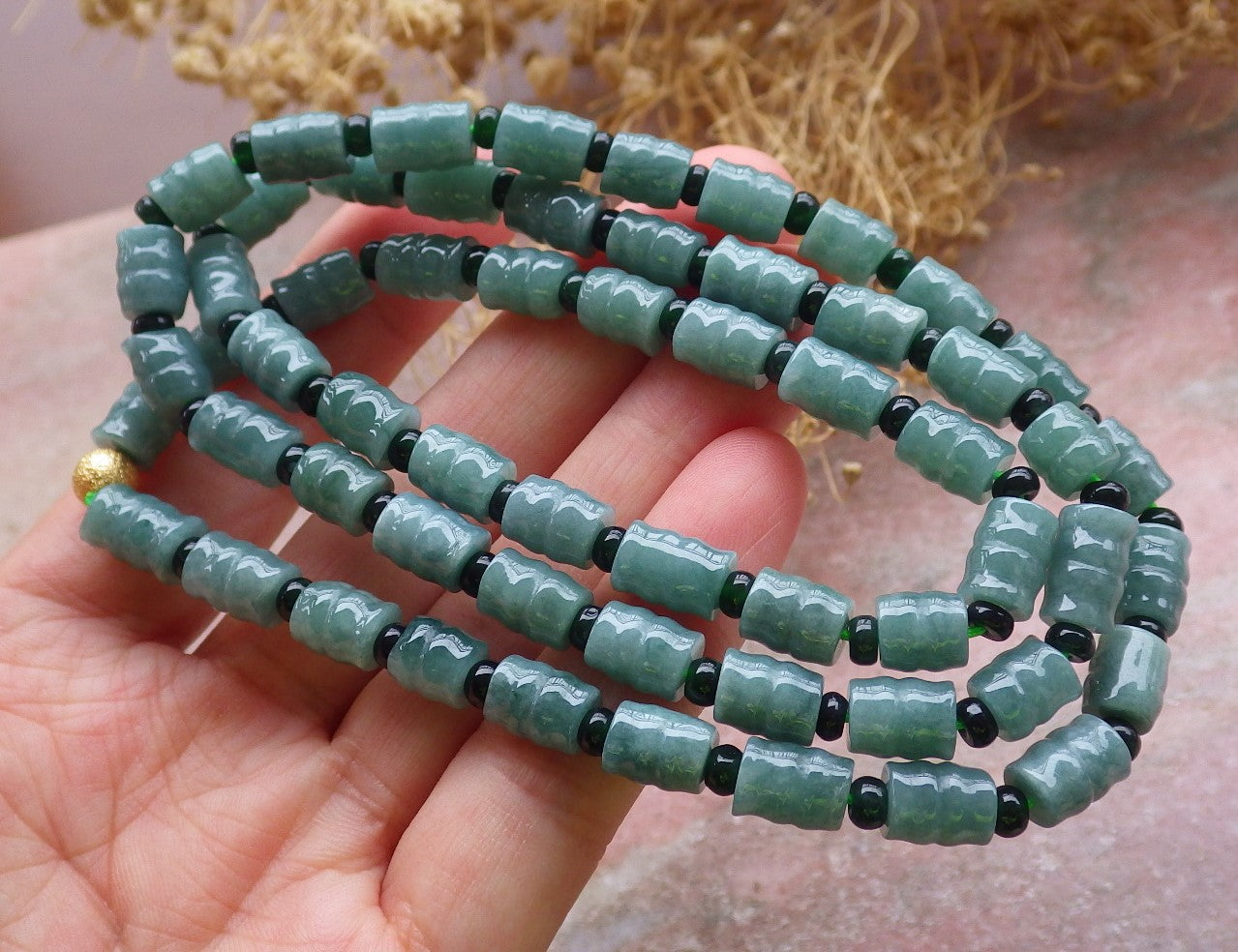 Certified Green Burma 100% Natural A JADE Jadeite bead Beads Circle Bamboo Necklace 24 inches 项链 648665 TN