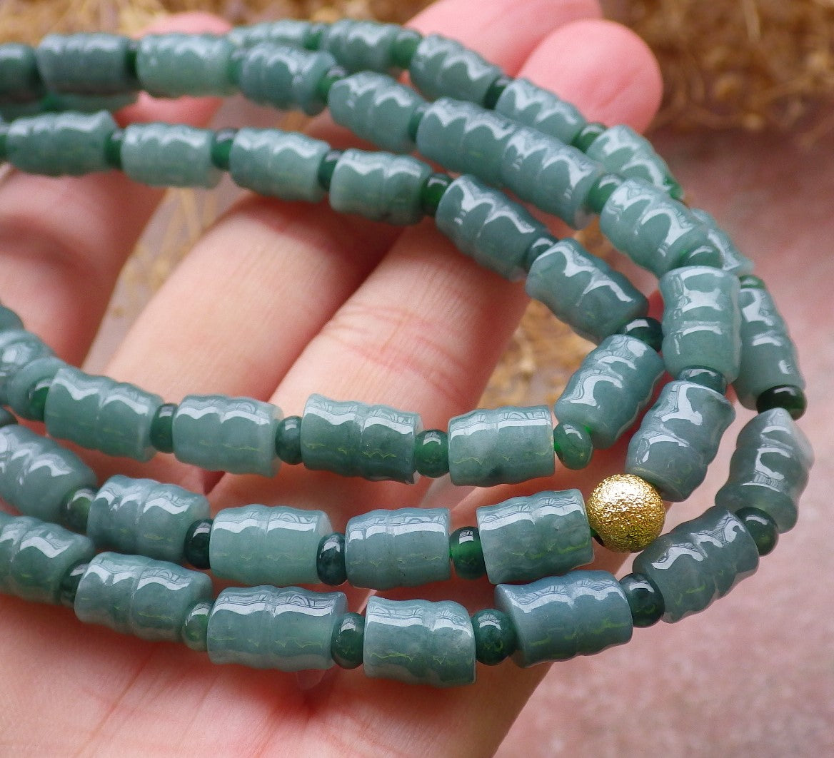 Certified Green Burma 100% Natural A JADE Jadeite bead Beads Circle Bamboo Necklace 24 inches 项链 648689 TN