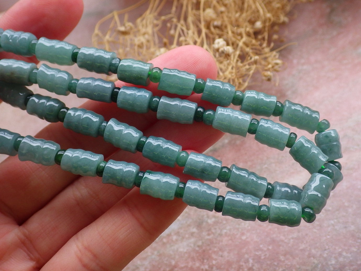 Certified Green Burma 100% Natural A JADE Jadeite bead Beads Circle Bamboo Necklace 24 inches 项链 648689 TN