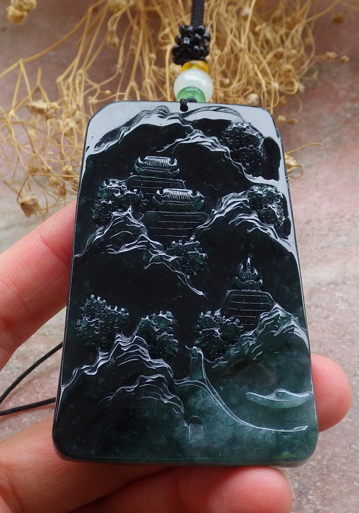 Certified Icy Green Burma 100% Natural A Jade jadeite Landscape painting Tree Necklace Necklace 山水画 648711 TN