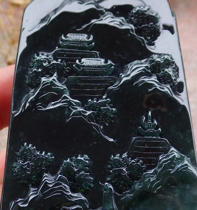 Certified Icy Green Burma 100% Natural A Jade jadeite Landscape painting Tree Necklace Necklace 山水画 648711 TN