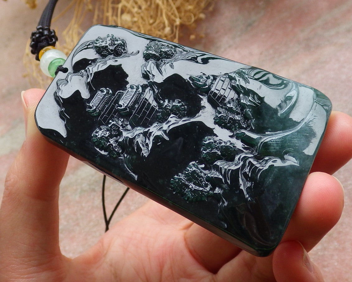 Certified Icy Green Burma 100% Natural A Jade jadeite Landscape painting Tree Necklace Necklace 山水画 648711 TN