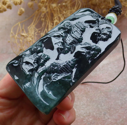 Certified Icy Green Burma 100% Natural A Jade jadeite Landscape painting Tree Necklace Necklace 山水画 648711 TN