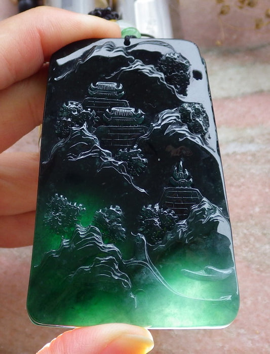 Certified Icy Green Burma 100% Natural A Jade jadeite Landscape painting Tree Necklace Necklace 山水画 648711 TN
