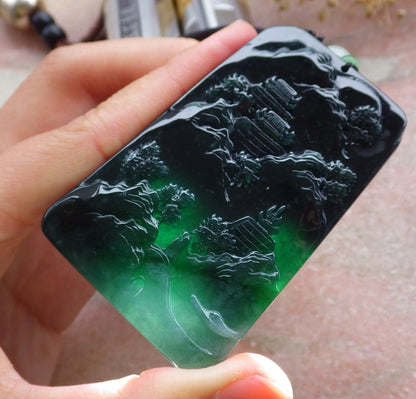 Certified Icy Green Burma 100% Natural A Jade jadeite Landscape painting Tree Necklace Necklace 山水画 648711 TN