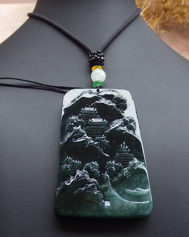 Certified Icy Green Burma 100% Natural A Jade jadeite Landscape painting Tree Necklace Necklace 山水画 648711 TN
