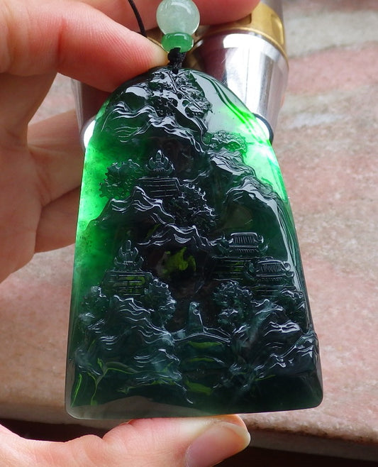 Certified Icy Green Burma 100% Natural A Jade jadeite Landscape painting Tree Necklace Necklace 山水画 648721 TN