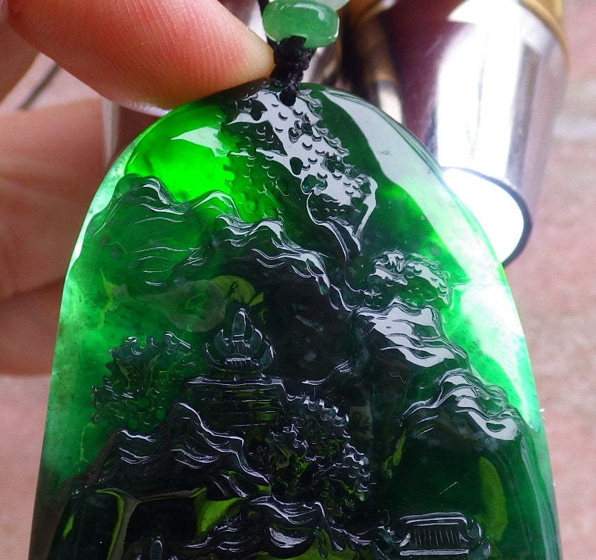 Certified Icy Green Burma 100% Natural A Jade jadeite Landscape painting Tree Necklace Necklace 山水画 648721 TN