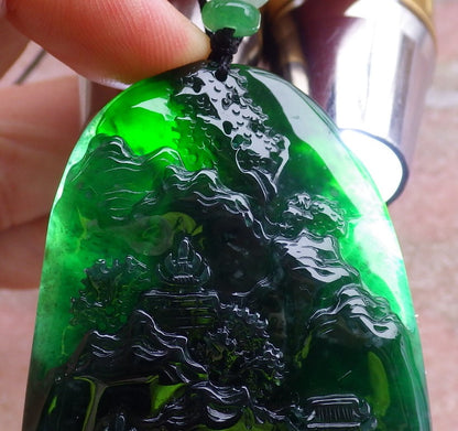 Certified Icy Green Burma 100% Natural A Jade jadeite Landscape painting Tree Necklace Necklace 山水画 648721 TN