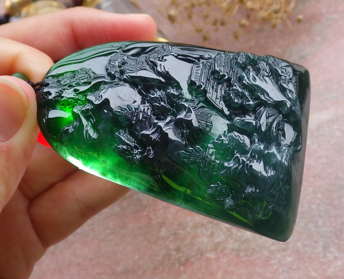 Certified Icy Green Burma 100% Natural A Jade jadeite Landscape painting Tree Necklace Necklace 山水画 648721 TN