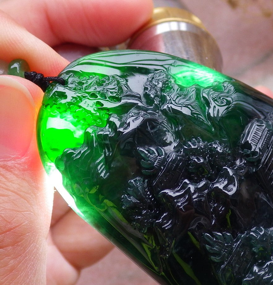 Certified Icy Green Burma 100% Natural A Jade jadeite Landscape painting Tree Necklace Necklace 山水画 648721 TN