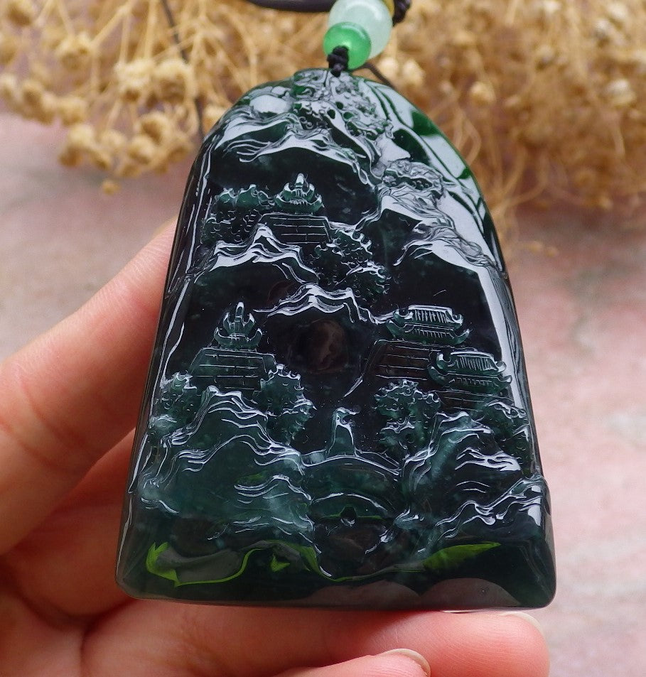Certified Icy Green Burma 100% Natural A Jade jadeite Landscape painting Tree Necklace Necklace 山水画 648721 TN