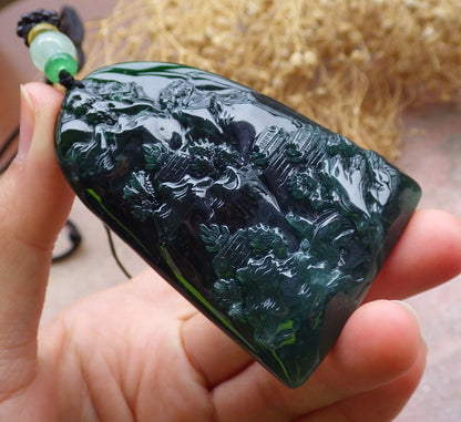 Certified Icy Green Burma 100% Natural A Jade jadeite Landscape painting Tree Necklace Necklace 山水画 648721 TN
