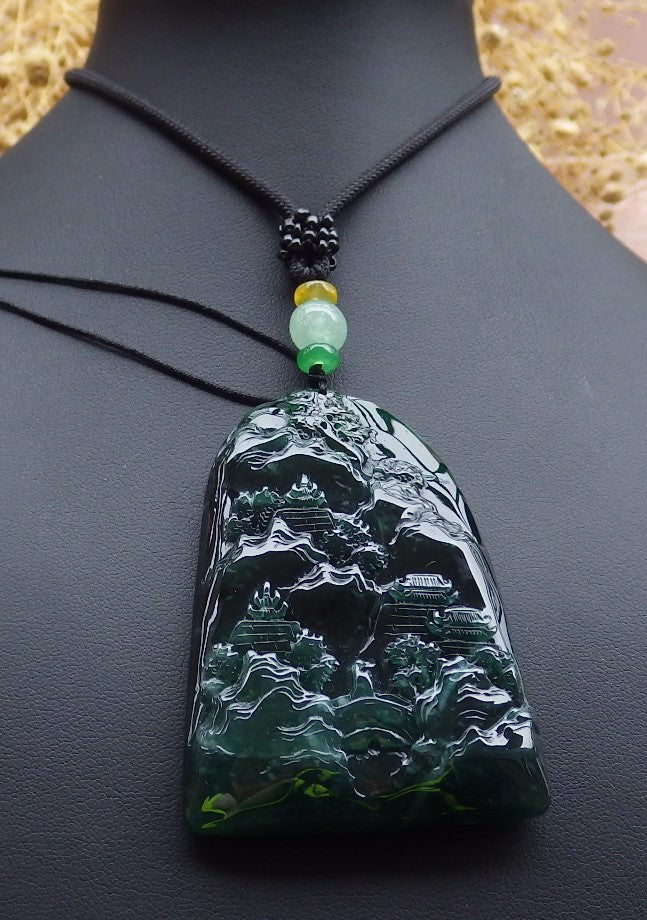Certified Icy Green Burma 100% Natural A Jade jadeite Landscape painting Tree Necklace Necklace 山水画 648721 TN