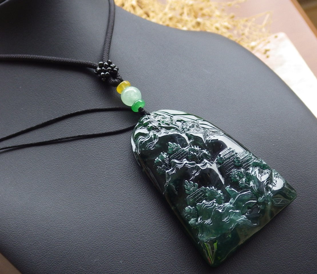 Certified Icy Green Burma 100% Natural A Jade jadeite Landscape painting Tree Necklace Necklace 山水画 648721 TN
