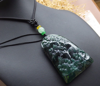 Certified Icy Green Burma 100% Natural A Jade jadeite Landscape painting Tree Necklace Necklace 山水画 648721 TN