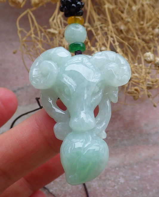 Certified Green Burma 100% Natural A Jade jadeite pendant Sheep Peach Necklace 喜气洋洋 648755 TN