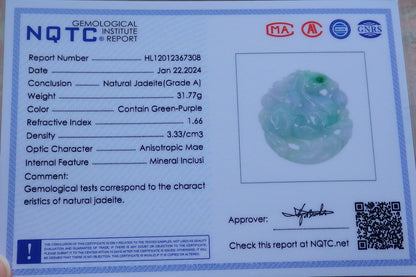 Certified Green Lavender Burma 100% Natural A Jade jadeite Pendant  Horse Monkey Peach Necklace 648763 TN