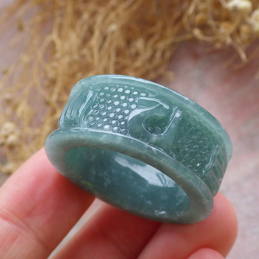 Certified Icy Green Burma 100% Natural A JADE Jadeite Mantra RING USA 12.75 六字真言戒指 648788 TN