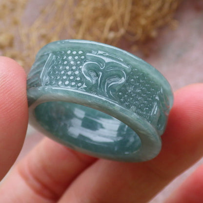 Certified Icy Green Burma 100% Natural A JADE Jadeite Mantra RING USA 12.75 六字真言戒指 648788 TN