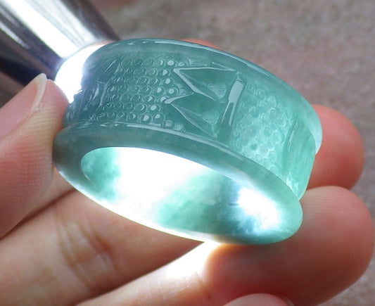 Certified Icy Green Burma 100% Natural A JADE Jadeite Mantra RING USA 12.75 六字真言戒指 648788 TN