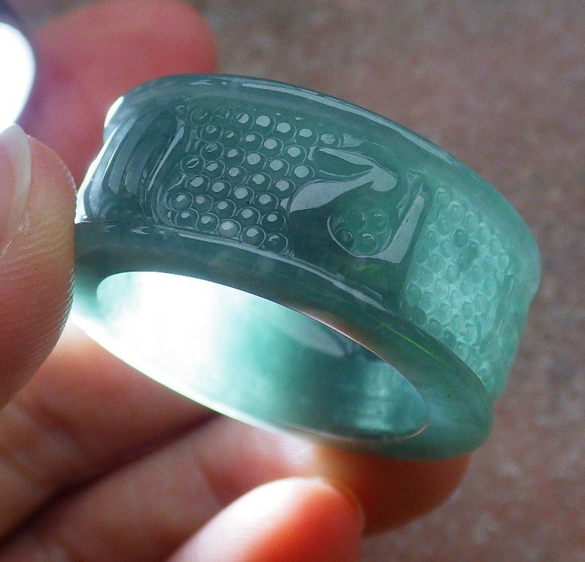 Certified Icy Green Burma 100% Natural A JADE Jadeite Mantra RING USA 12.75 六字真言戒指 648788 TN