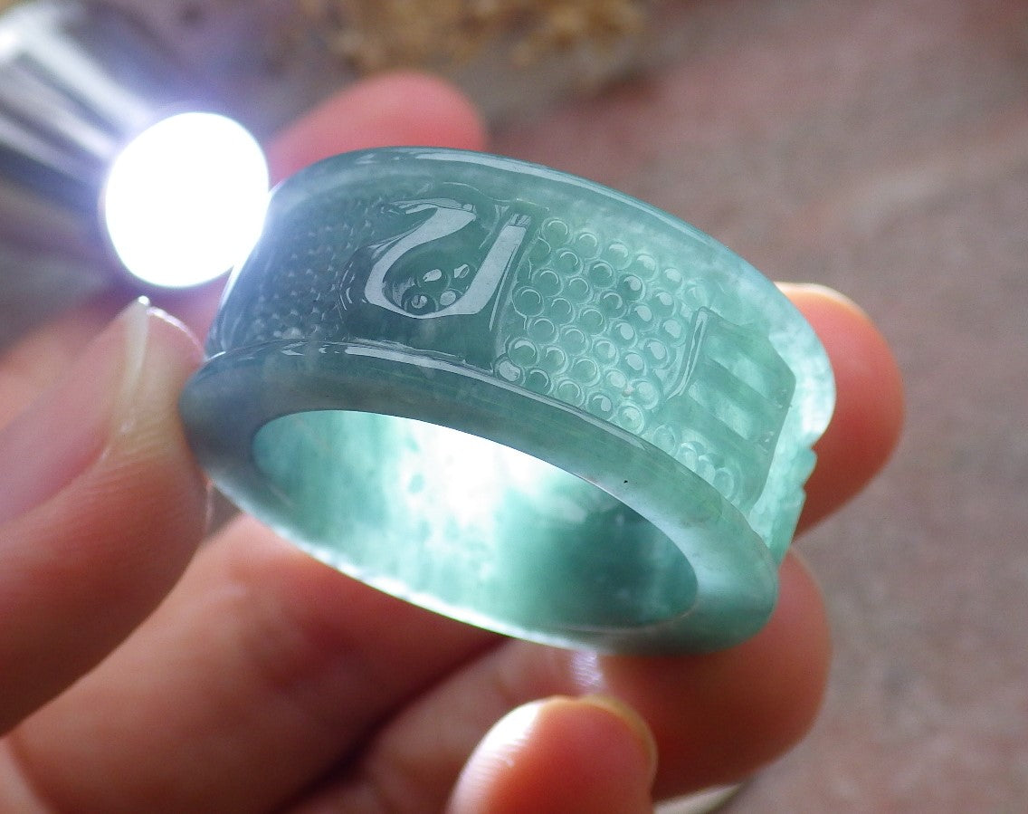 Certified Icy Green Burma 100% Natural A JADE Jadeite Mantra RING USA 12.75 六字真言戒指 648788 TN