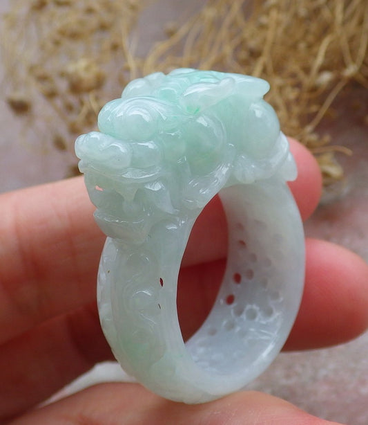 Certified Green Burma 100% Natural A JADE Jadeite Dragon Pi Xiu Lotus Flower Ruyi RING USA. 11.5 戒指 648798 TN
