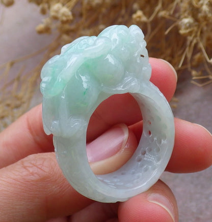 Certified Green Burma 100% Natural A JADE Jadeite Dragon Pi Xiu Lotus Flower Ruyi RING USA. 11.5 戒指 648798 TN