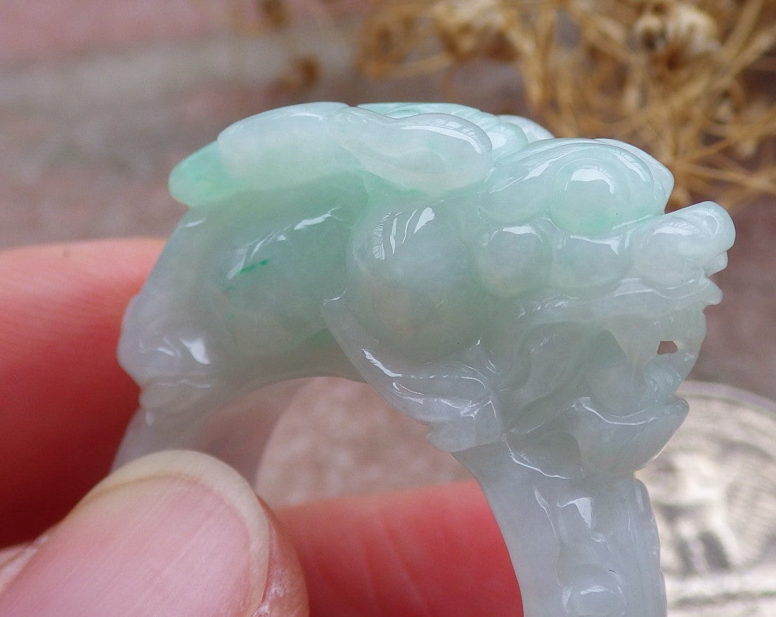 Certified Green Burma 100% Natural A JADE Jadeite Dragon Pi Xiu Lotus Flower Ruyi RING USA. 11.5 戒指 648798 TN