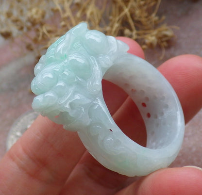Certified Green Burma 100% Natural A JADE Jadeite Dragon Pi Xiu Lotus Flower Ruyi RING USA. 11.5 戒指 648798 TN
