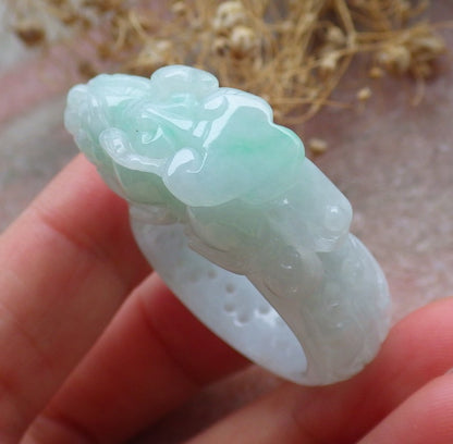 Certified Green Burma 100% Natural A JADE Jadeite Dragon Pi Xiu Lotus Flower Ruyi RING USA. 11.5 戒指 648798 TN
