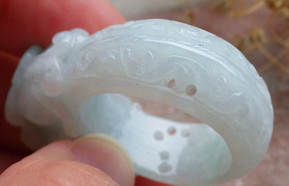 Certified Green Burma 100% Natural A JADE Jadeite Dragon Pi Xiu Lotus Flower Ruyi RING USA. 11.5 戒指 648798 TN
