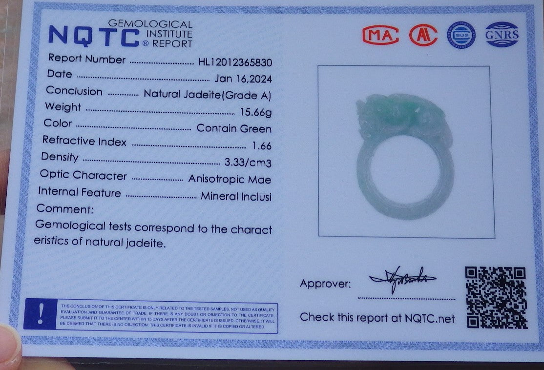 Certified Green Burma 100% Natural A JADE Jadeite Dragon Pi Xiu Lotus Flower Ruyi RING USA. 11.5 戒指 648798 TN