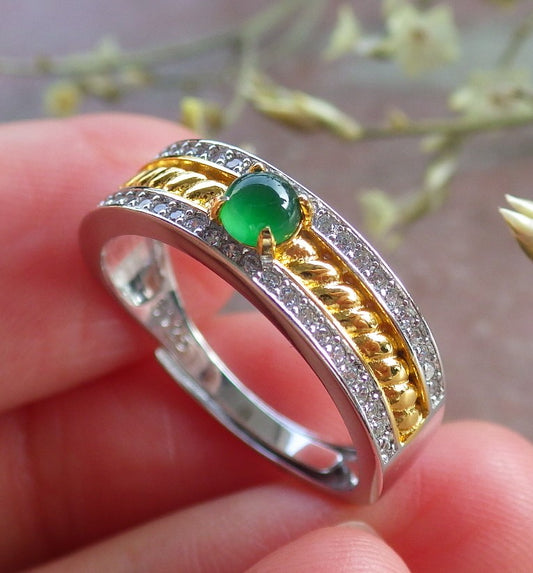 Certified Icy Green silver 0.925 Burma 100% Natural A JADE Jadeite Cabochon RING USA 6.5 戒指 648911 TN