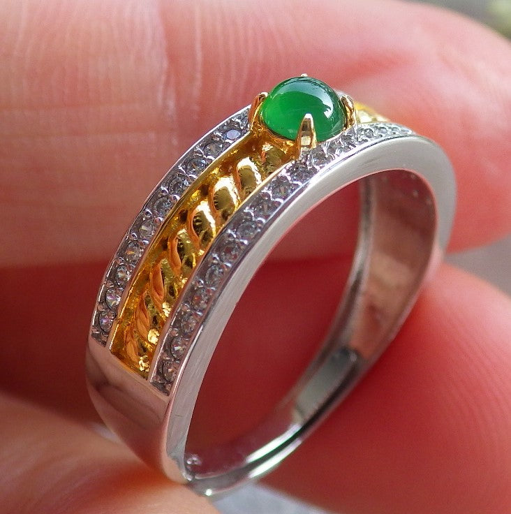Certified Icy Green silver 0.925 Burma 100% Natural A JADE Jadeite Cabochon RING USA 6.5 戒指 648911 TN