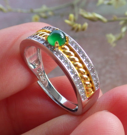 Certified Icy Green silver 0.925 Burma 100% Natural A JADE Jadeite Cabochon RING USA 6.5 戒指 648911 TN