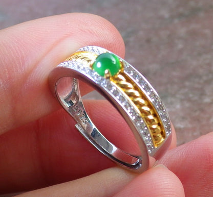 Certified Icy Green silver 0.925 Burma 100% Natural A JADE Jadeite Cabochon RING USA 6.5 戒指 648911 TN