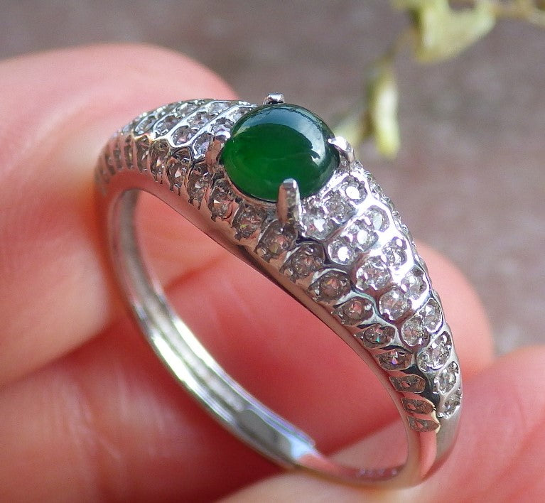 Certified Icy Green silver 0.925 Burma 100% Natural A JADE Jadeite Cabochon RING USA 8 戒指 648951 TN