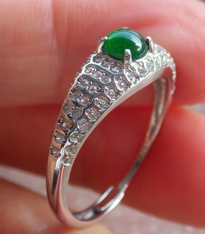 Certified Icy Green silver 0.925 Burma 100% Natural A JADE Jadeite Cabochon RING USA 8 戒指 648951 TN