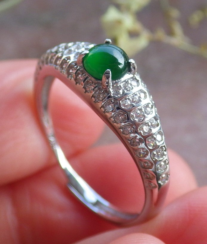 Certified Icy Green silver 0.925 Burma 100% Natural A JADE Jadeite Cabochon RING USA 8 戒指 648951 TN