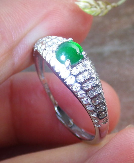 Certified Icy Green silver 0.925 Burma 100% Natural A JADE Jadeite Cabochon RING USA 8 戒指 648951 TN