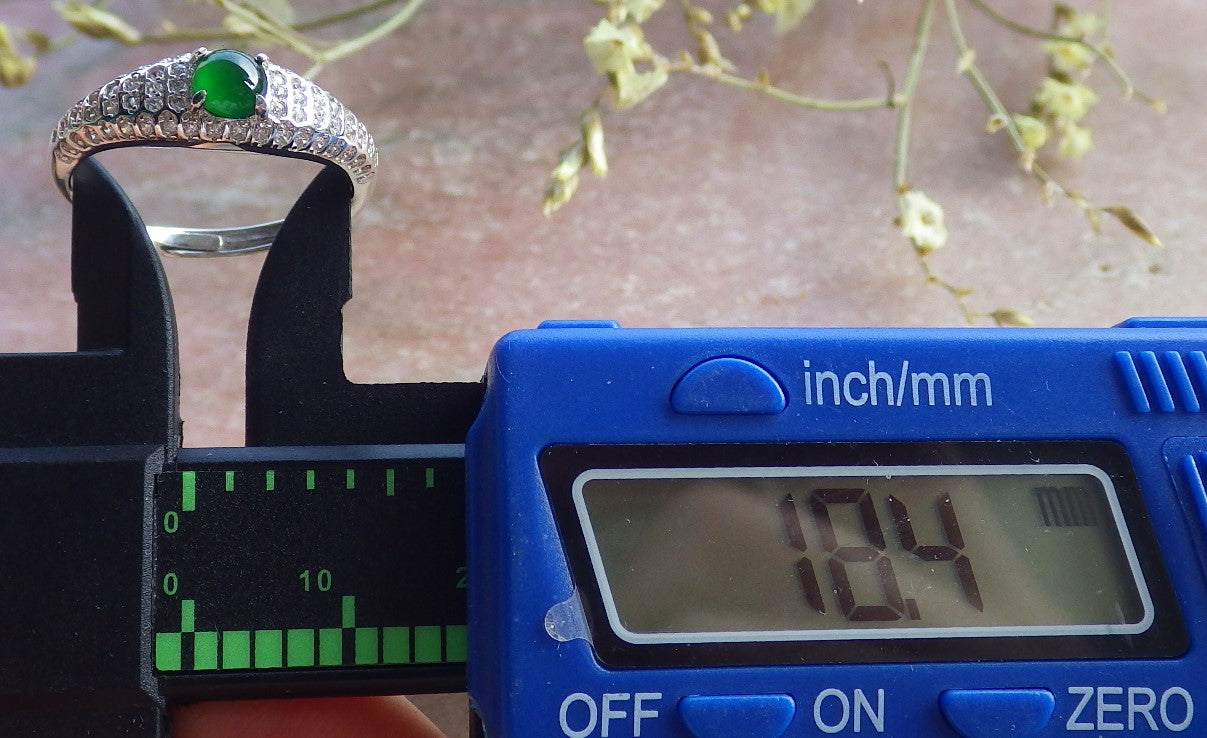 Certified Icy Green silver 0.925 Burma 100% Natural A JADE Jadeite Cabochon RING USA 8 戒指 648951 TN