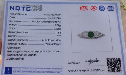 Certified Icy Green silver 0.925 Burma 100% Natural A JADE Jadeite Cabochon RING USA 8 戒指 648951 TN